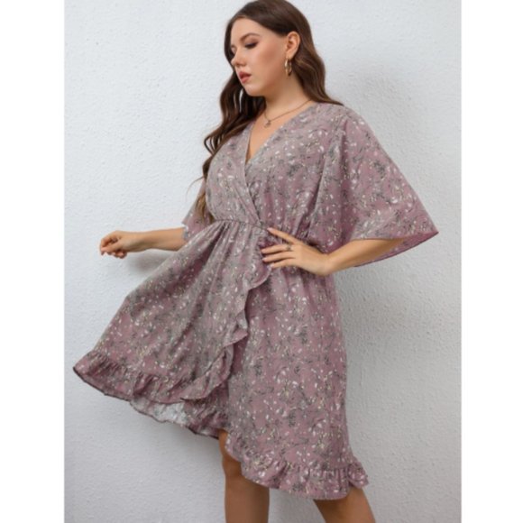 Plus Floral Print Overlap Collar Flutter Sleeve Ruffle Trim Dress Pink 2XL - Picture 5 of 8
